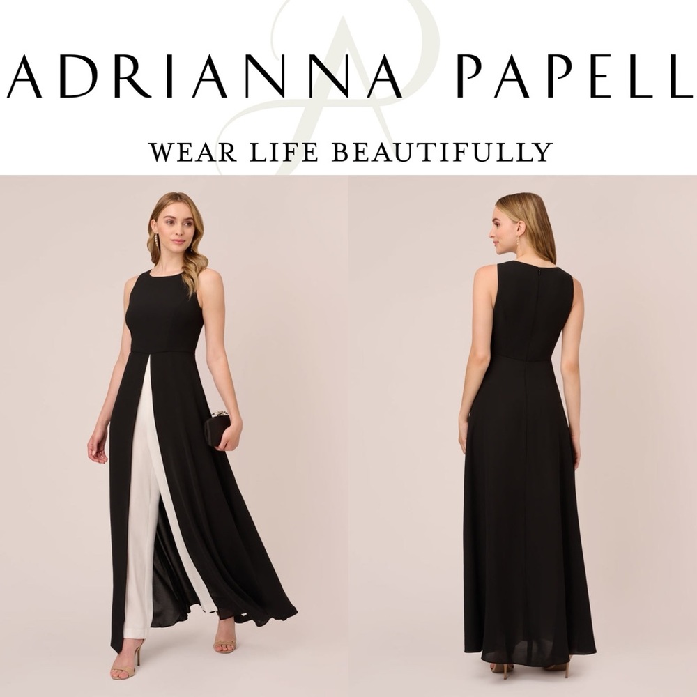 Adrianna Papell Crepe Overlay Jumpsuit Sz 2 Black White Evening Wedding Blacktie